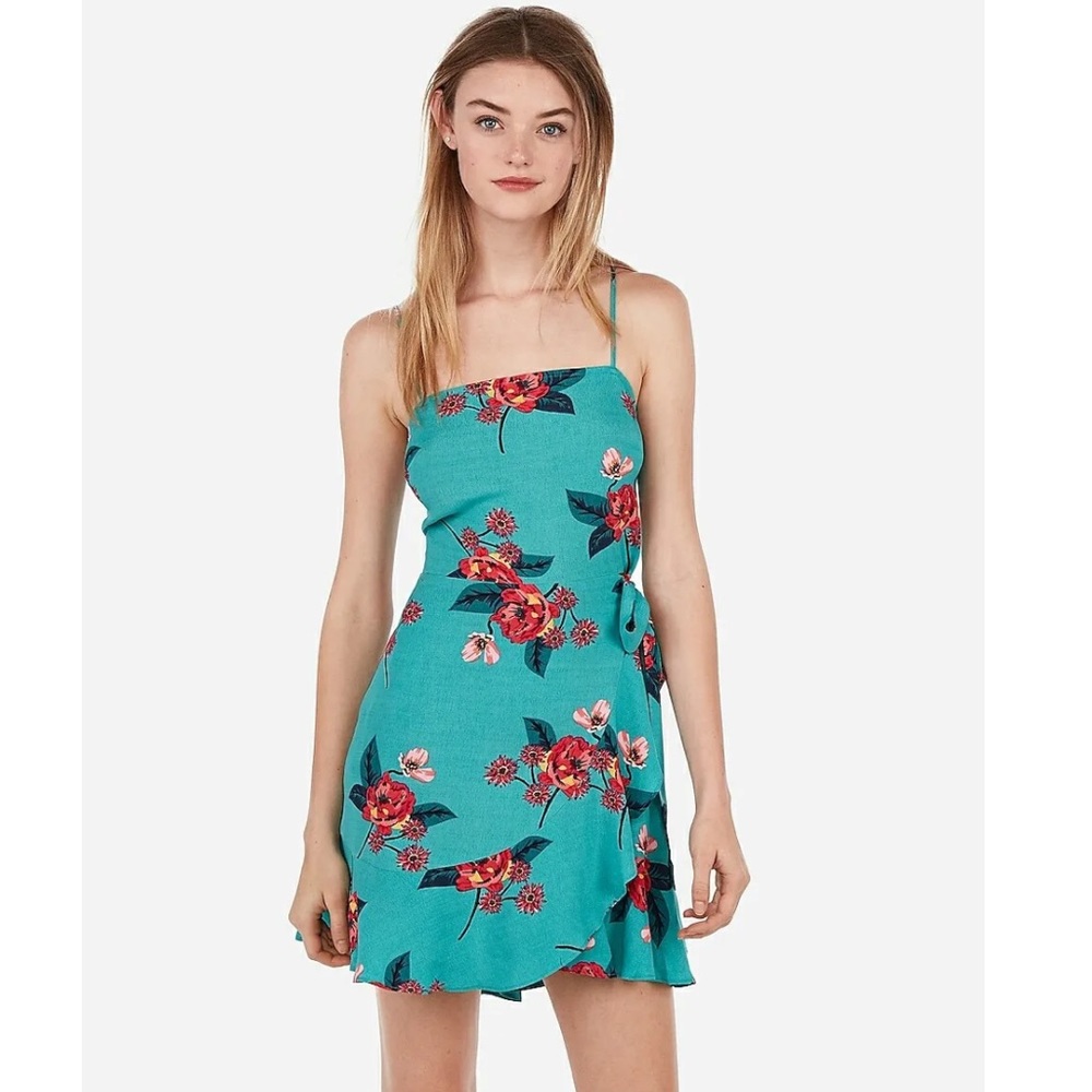NWT Express Floral Square Neck Ruffle Wrap Dress Teal Extra Small XS